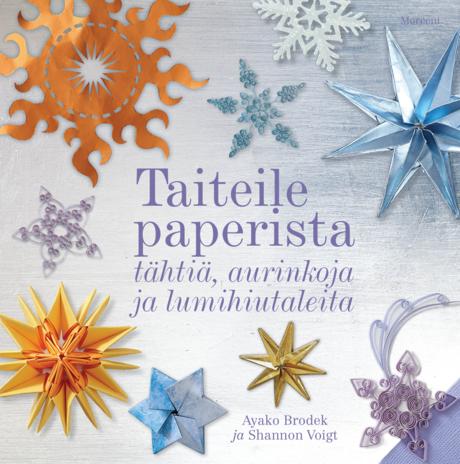 Taiteile paperista tähtiä, aurinkoja ja lumihiutaleita